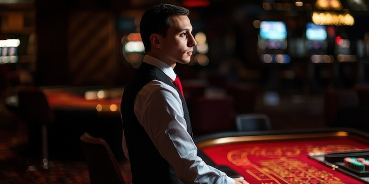 Meja Bandar Poker dengan kartu dan chip di platform ninja jago